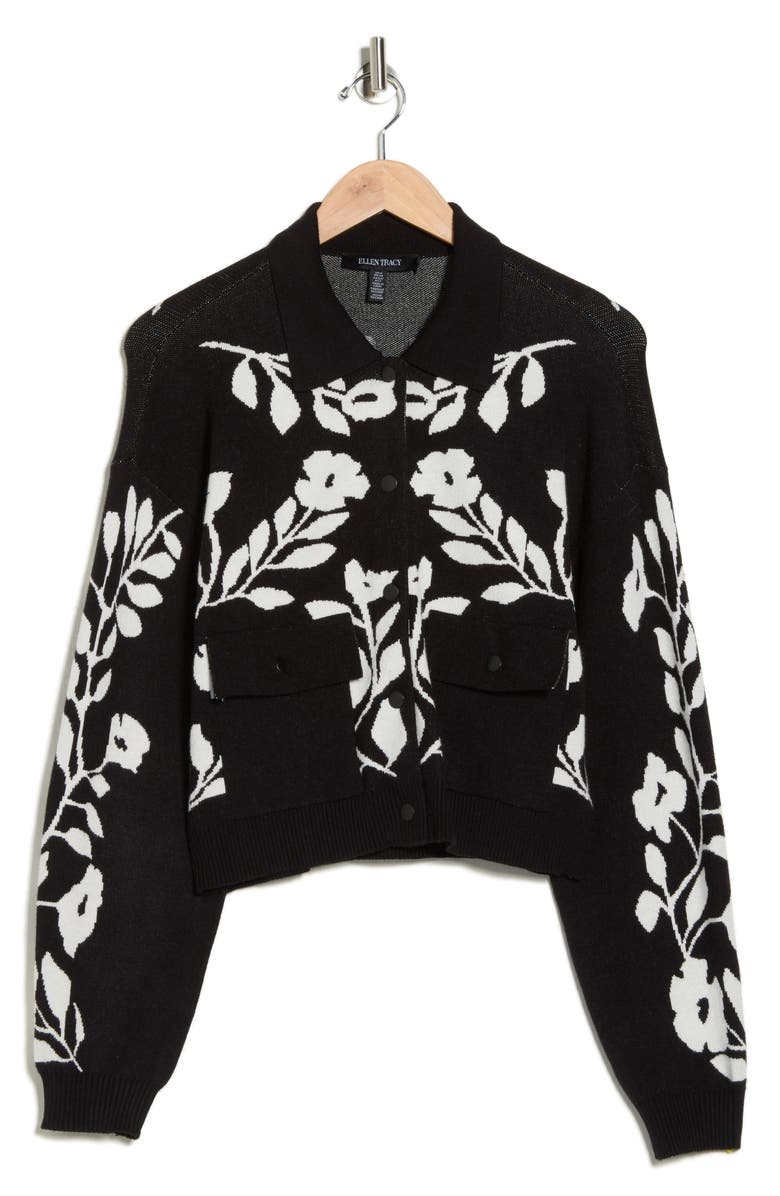 Ellen Tracy Floral Snap Front Crop Cardigan, Alternate, color, Black/ Marshmallow Flower