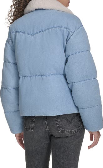 Western Denim Faux Shearling Collar Puffer Jacket