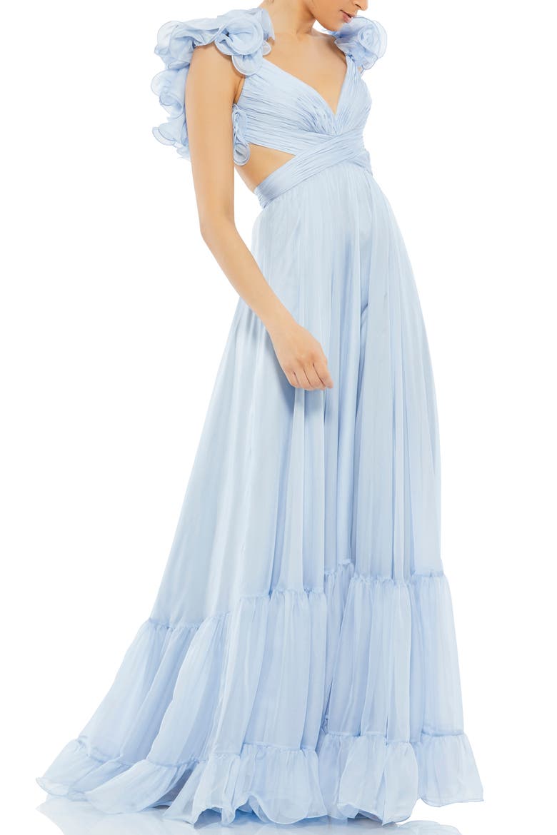 Sleeveless Ruffle Tiered Cut-Out Chiffon Gown, Main, color, POWDER BLUE