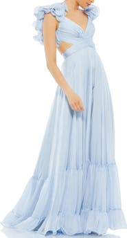 Mac Duggal Sleeveless Ruffle Tiered Cut-Out Chiffon Gown