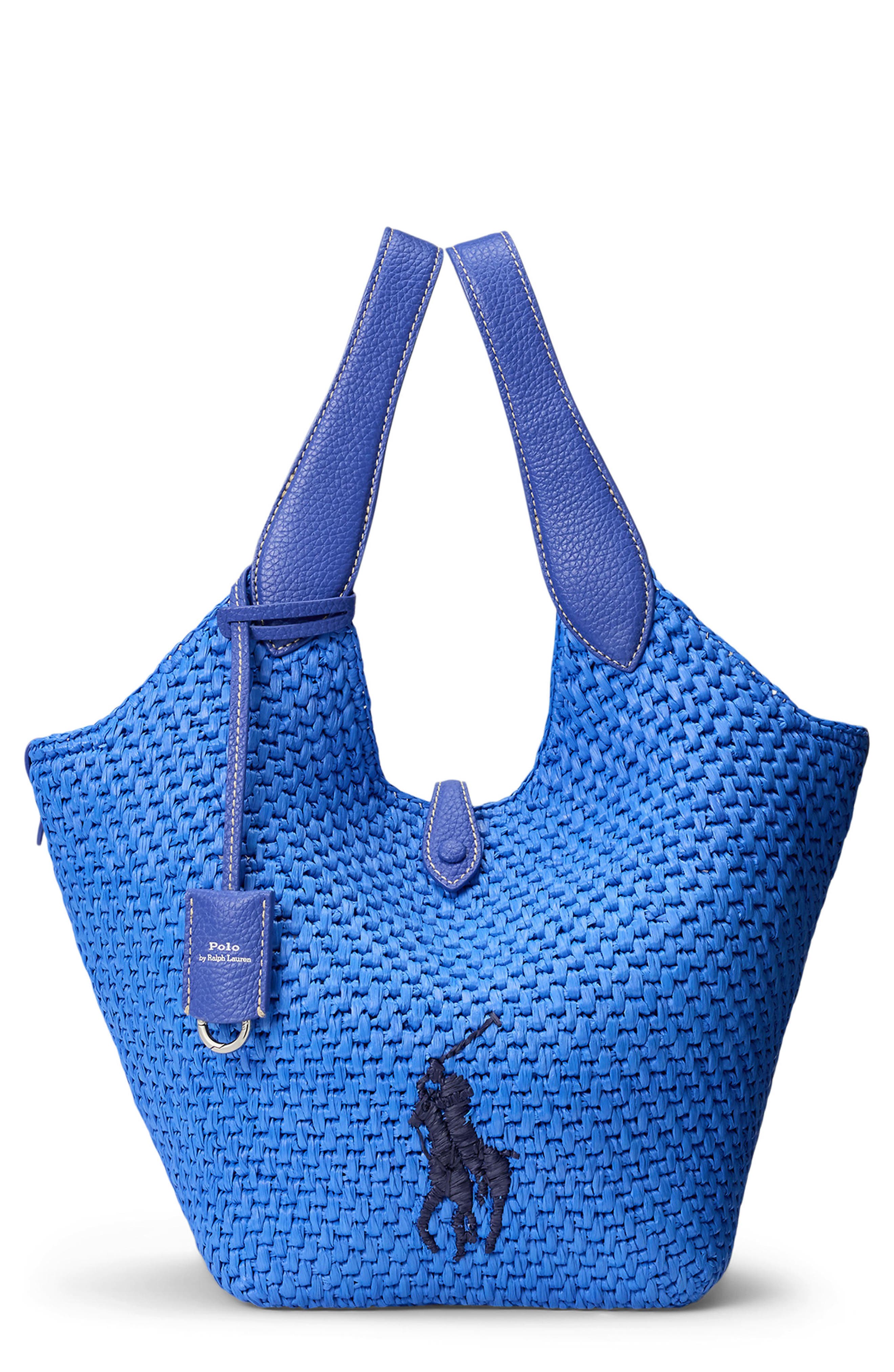 Polo Ralph Lauren Raffia & Leather Medium Tote, Main, color, Jellyfish