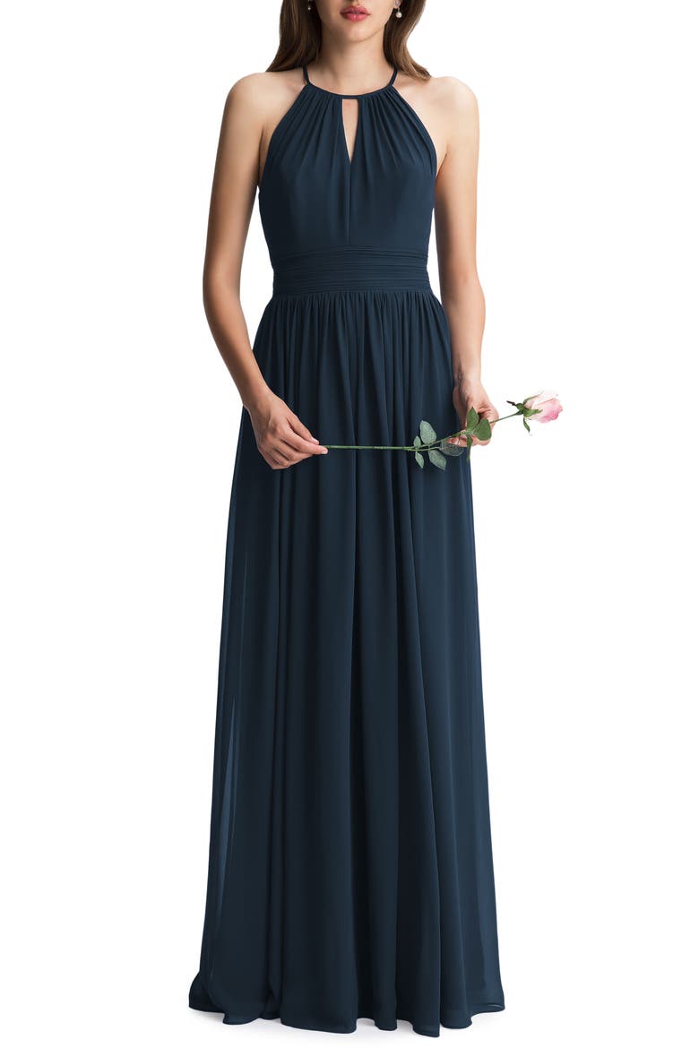 Keyhole Neck Chiffon A-Line Gown, Main, color, NAVY