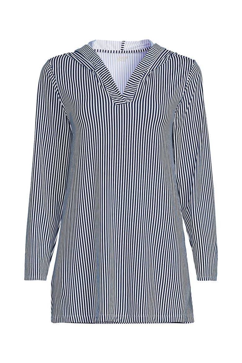 Cotton Jersey Long Sleeve Hooded Swim Cover-up Dress, Alternate, color, Deep Sea Navy Mini Stripe