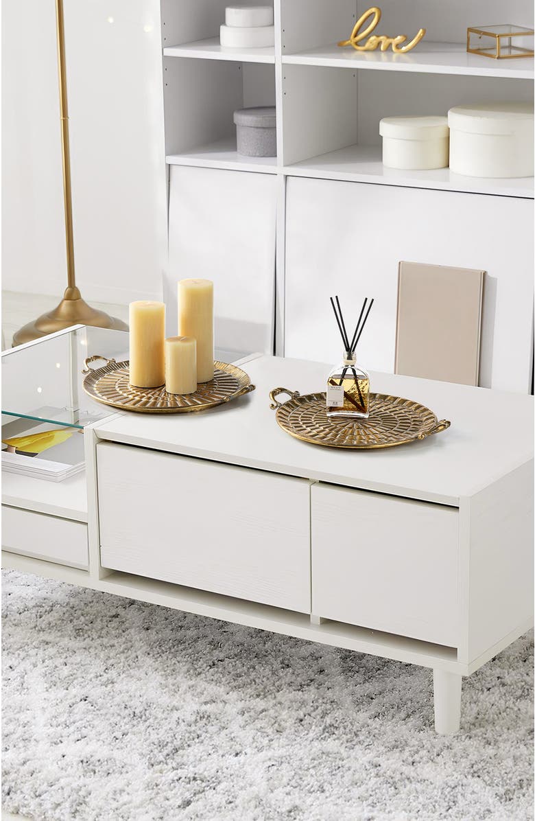 Glitzhome Set of 2 Round Metal Gold Embossed Decorative Tray with Handles, Alternate, color, Gold