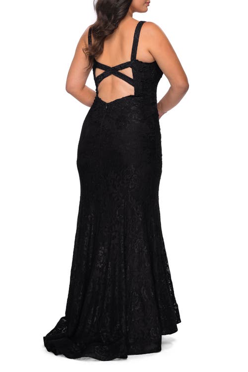 La Femme Plus Size Dress Lace Fitted Long Gown In Black
