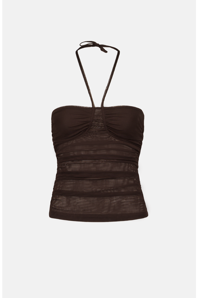 Elva Sheer Mesh Halterneck Top, Main, color, Dark Brown