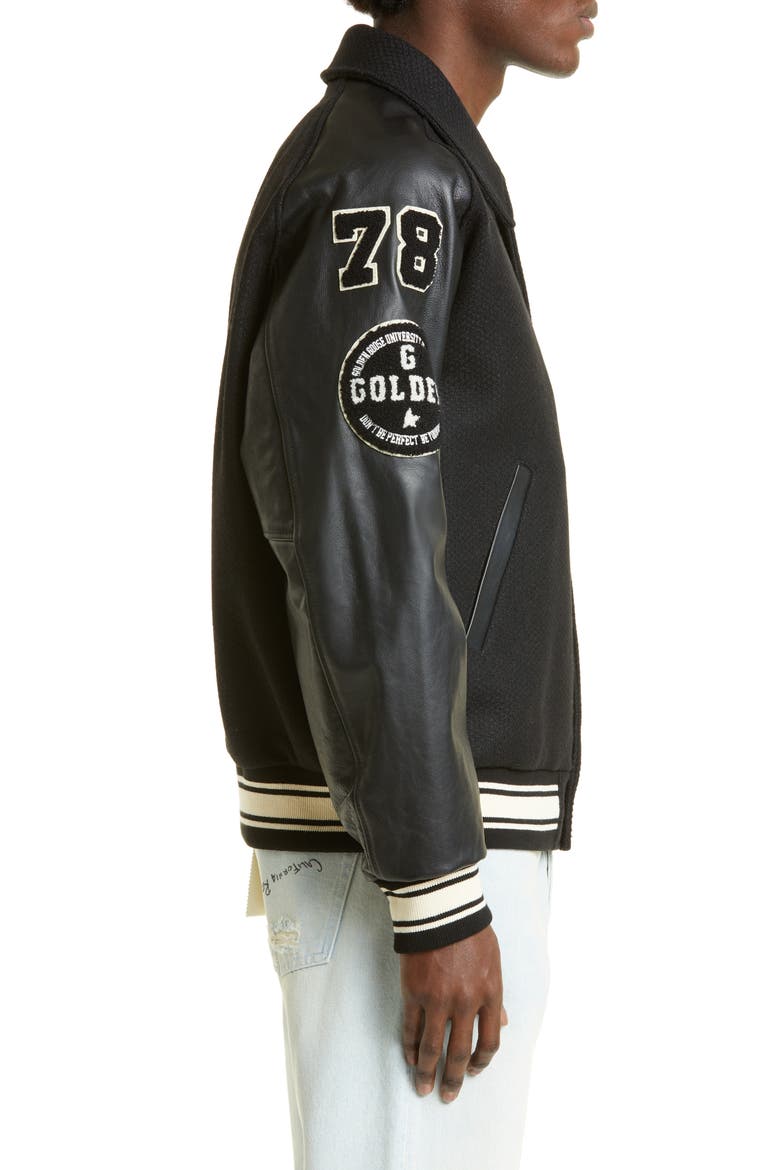 Golden Dreamers Wool & Leather Letterman's Jacket, Alternate, color, BLACK
