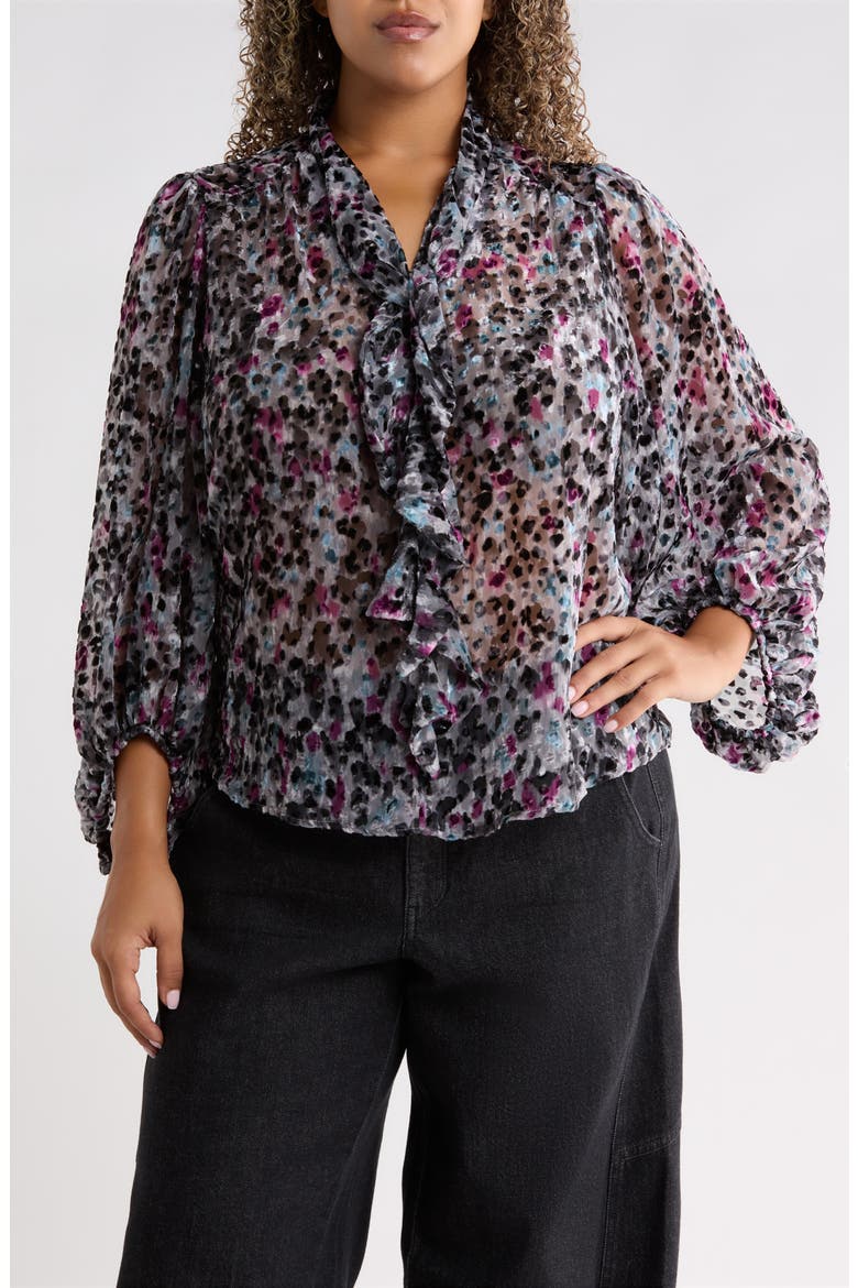 Burnout Velvet Tie Neck Top, Main, color, BLACK/ PLUM MULTI