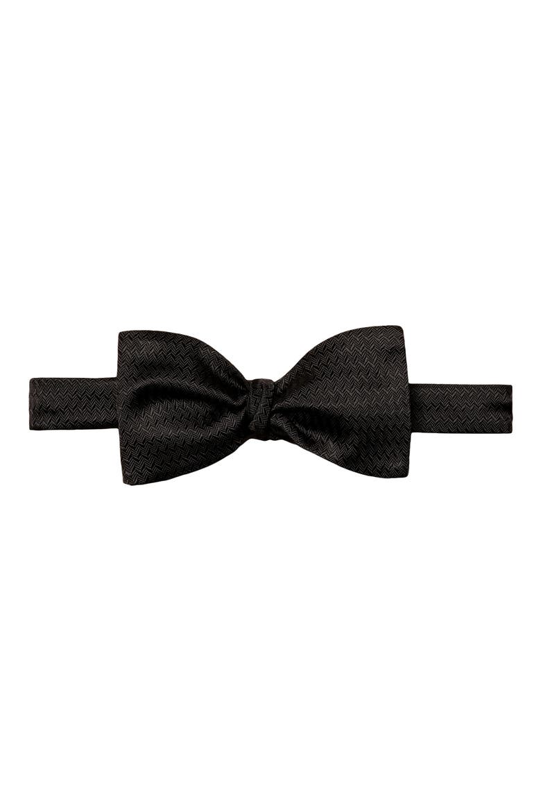 Black Herringbone Silk Bow Tie, Main, color, BLACK
