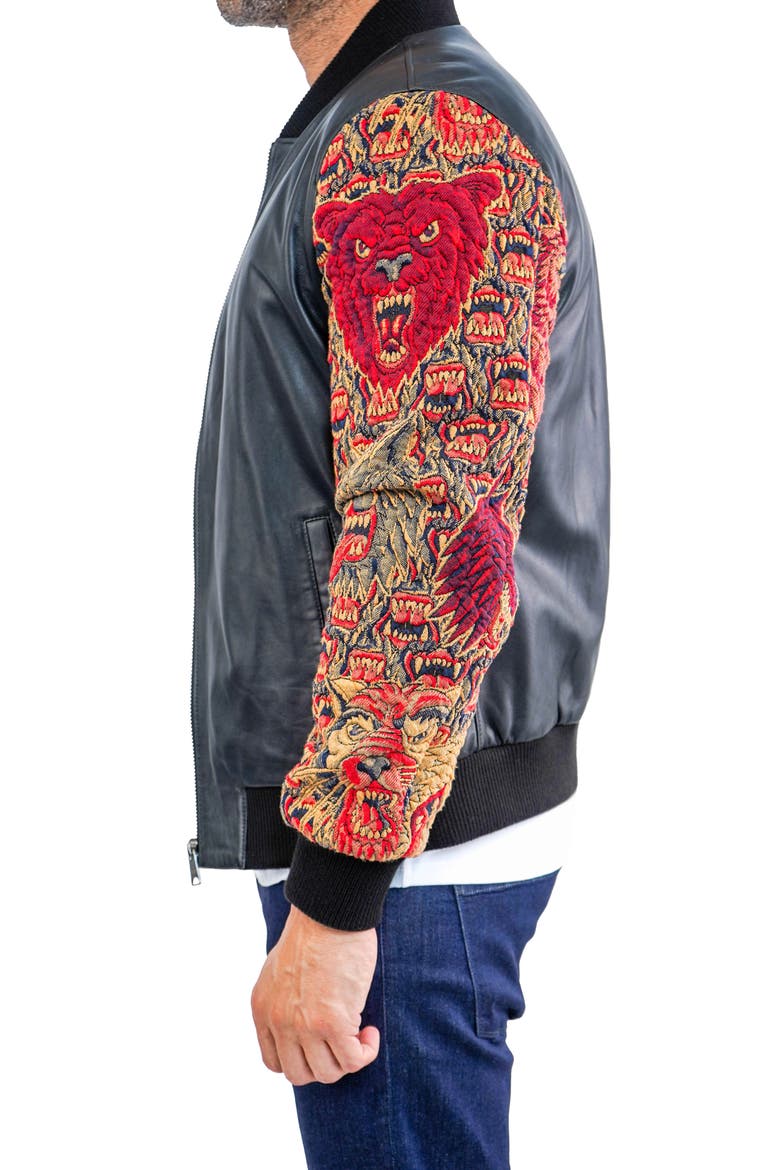 Dragon Sleeve Leather Bomber Jacket, Alternate, color, BLACK