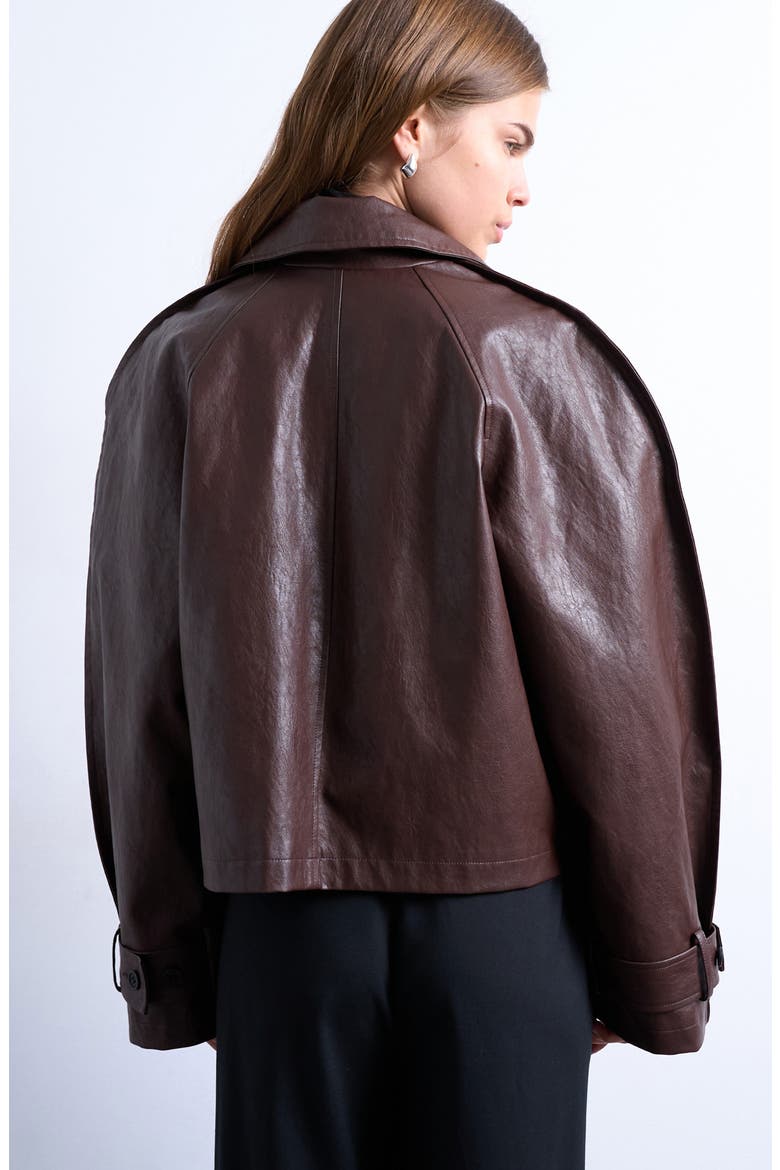 Ovoid Sleeve Short Faux Leather Trench Coat, Alternate, color, BROWN