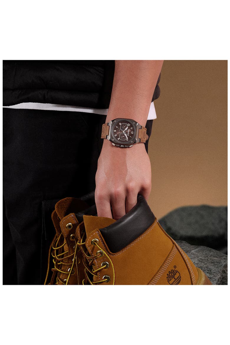 Mackinac Multifunction Chronograph Leather Strap Watch, 44mm x 25mm, Alternate, color, BROWN