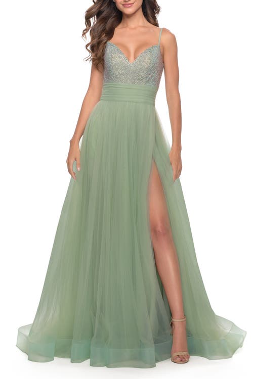 La Femme Tulle Gown With Full Skirt And Rhinestone Bodice In Sage