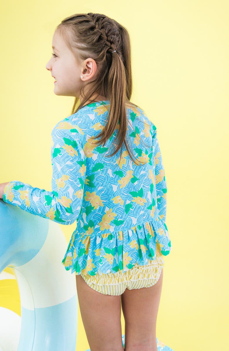 RuffleButts Kids' Blooming Basket Long Sleeve UPF 50+ Two-Piece Rashguard Swimsuit, Alternate, color, Blue