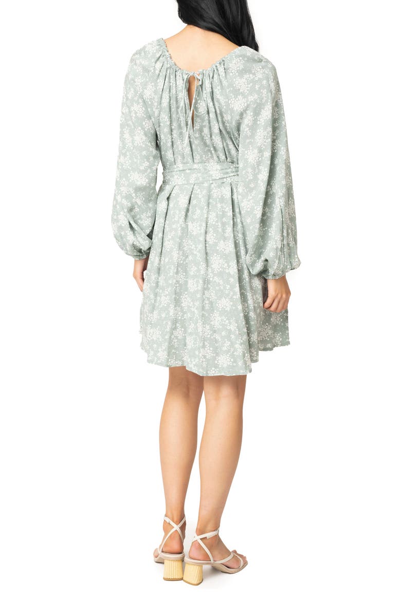 Print Tie Waist Long Sleeve Dress, Alternate, color, DELICATE SAGE FLORAL