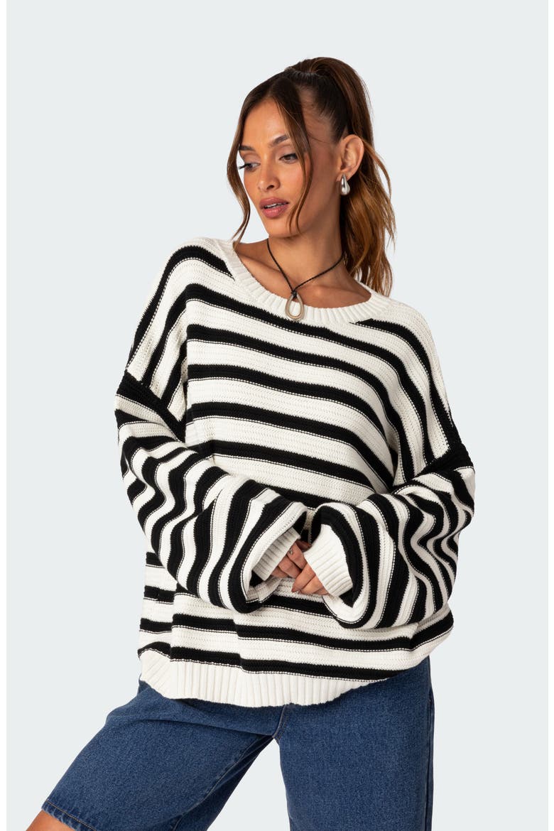 Oversize Stripe Cotton Sweater, Alternate, color, BLACK-AND-WHITE