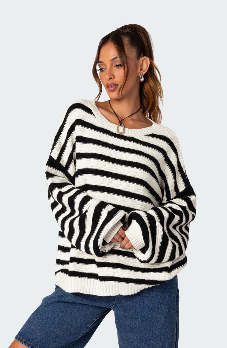 EDIKTED Oversize Stripe Cotton Sweater, Alternate, color, Black-And-White