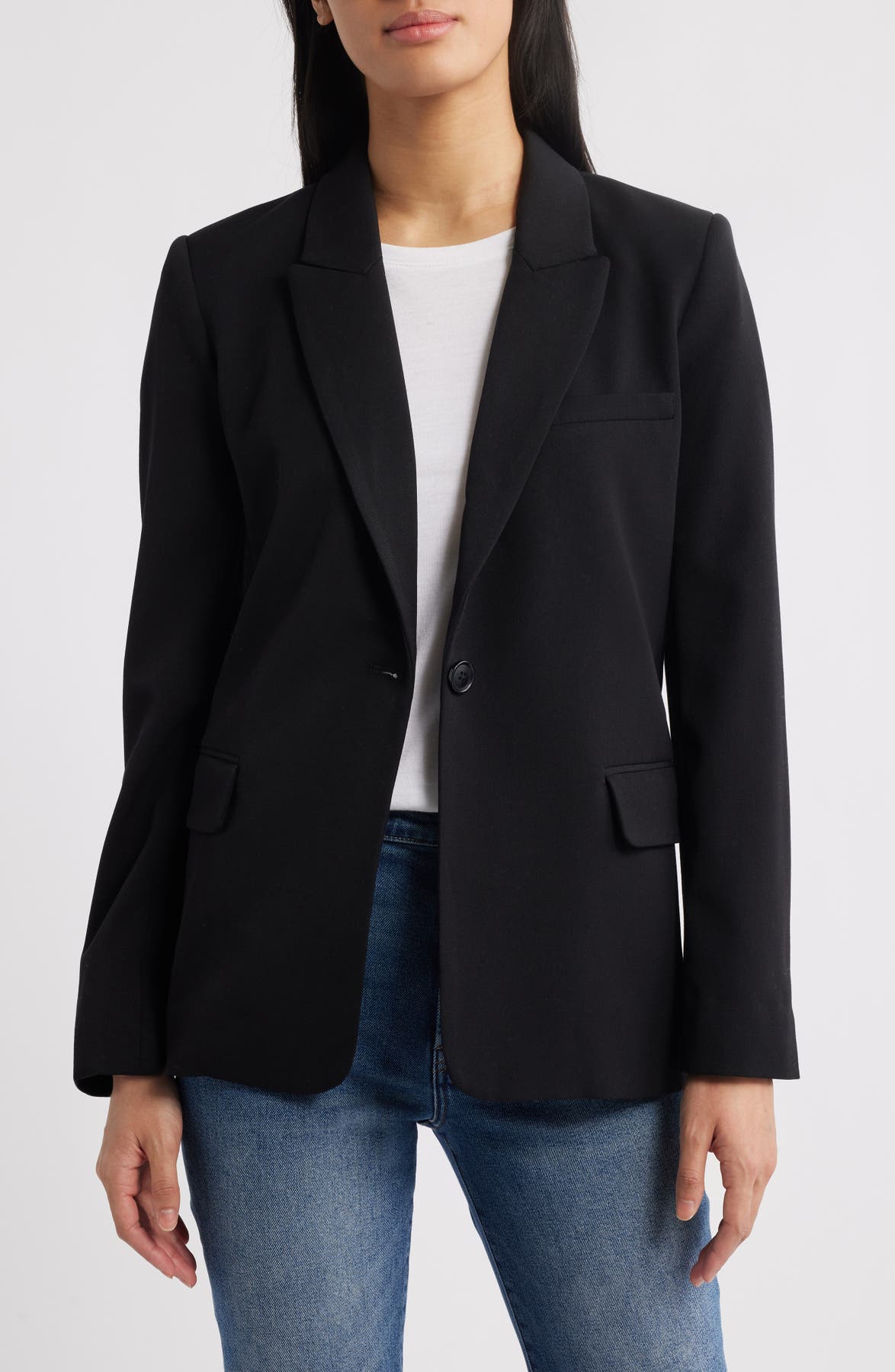 Halogen relaxed longline single-button work blazer, front view
