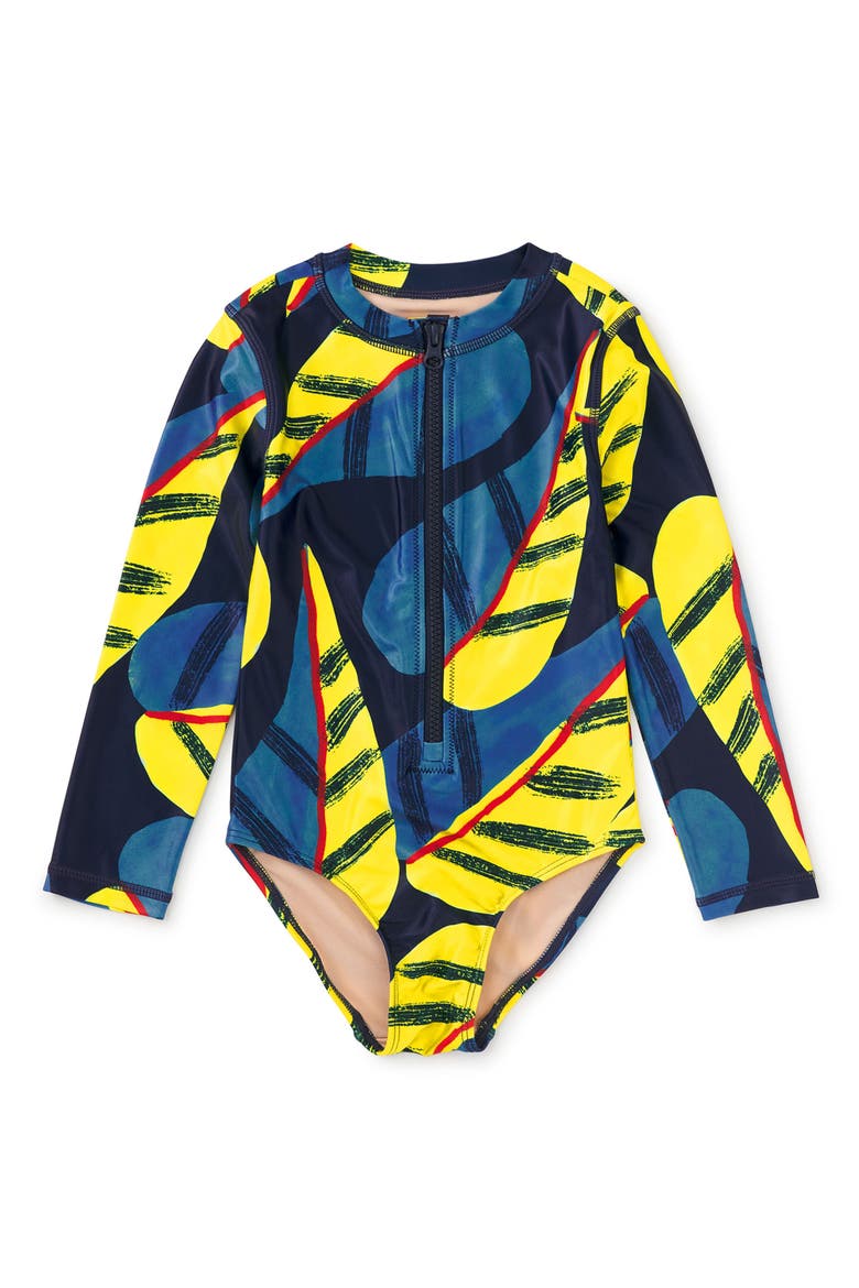 Long Sleeve One-Piece Swimsuit, Main, color, Oversized Tropical Leaf