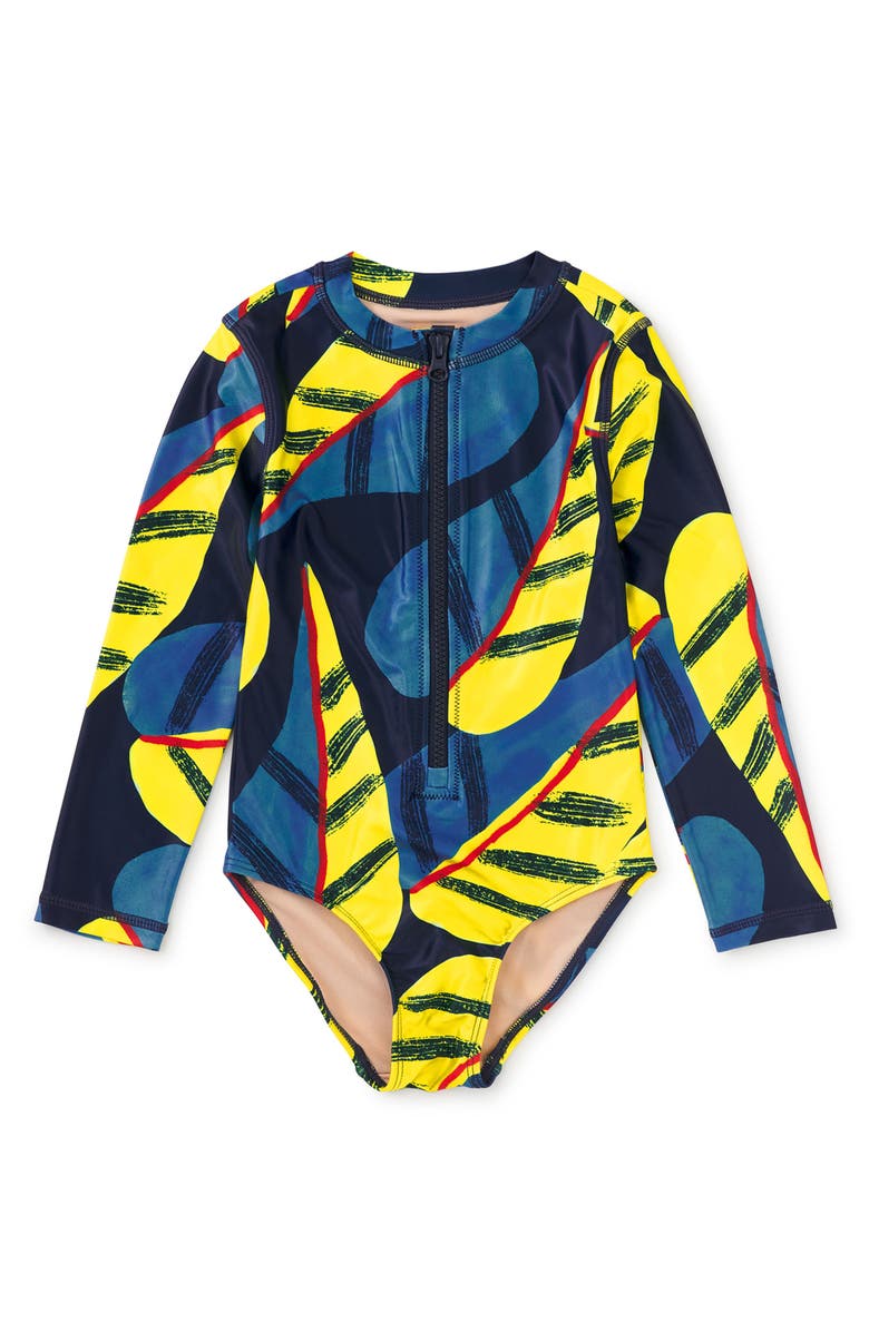Tea Collection Long Sleeve One-Piece Swimsuit, Main, color, Oversized Tropical Leaf