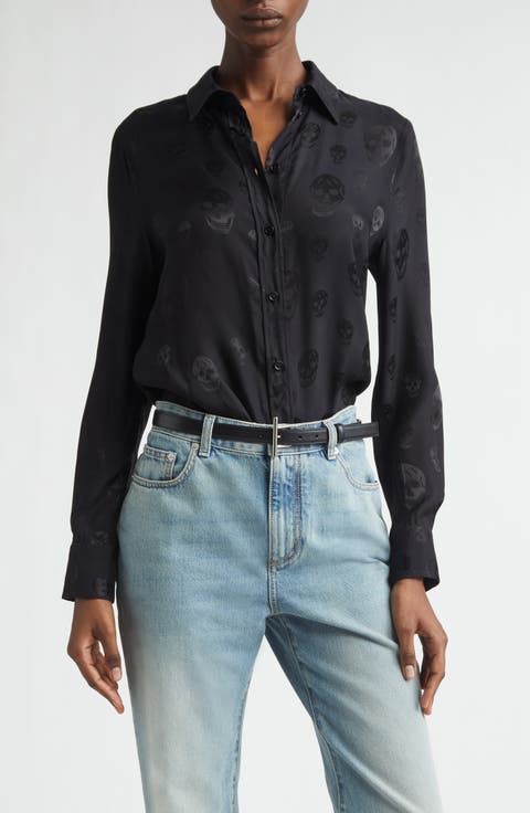 Slim Fit Skull Print Crêpe de Chine Button-Up Shirt