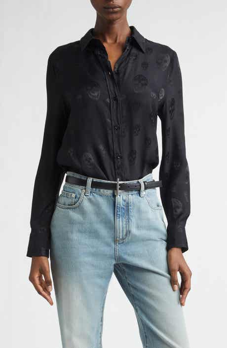 Slim Fit Skull Print Crêpe de Chine Button-Up Shirt