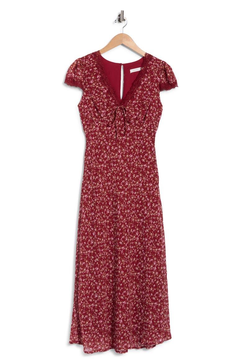 Lace Trim Midi Dress, Main, color, BURGUNDY PINK DITSY