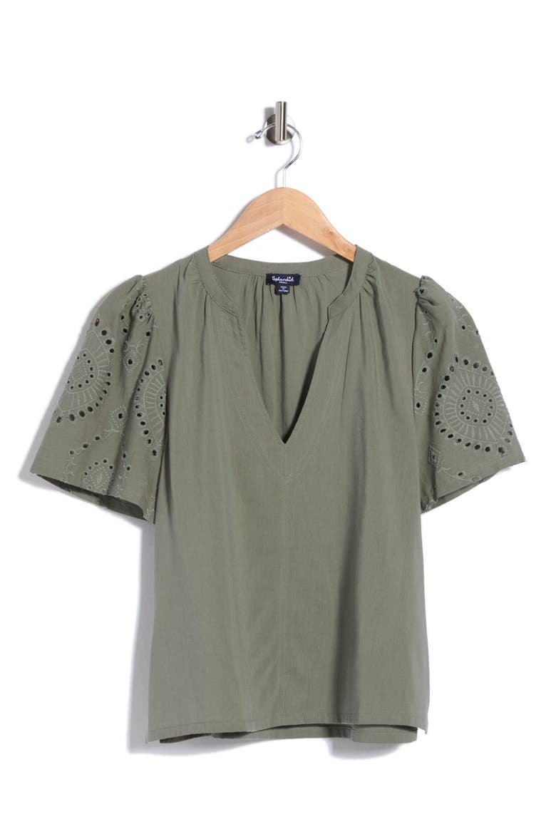 Eyelet Split Neck Top, Alternate, color, OLIVE GREEN
