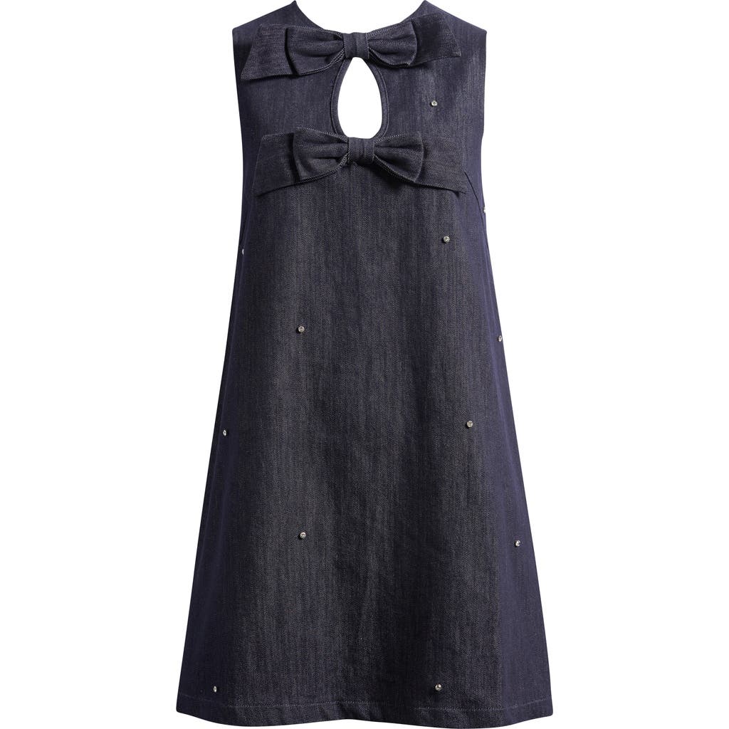 Sister Jane Embellished Bow Keyhole Denim Shift Minidress In Blue