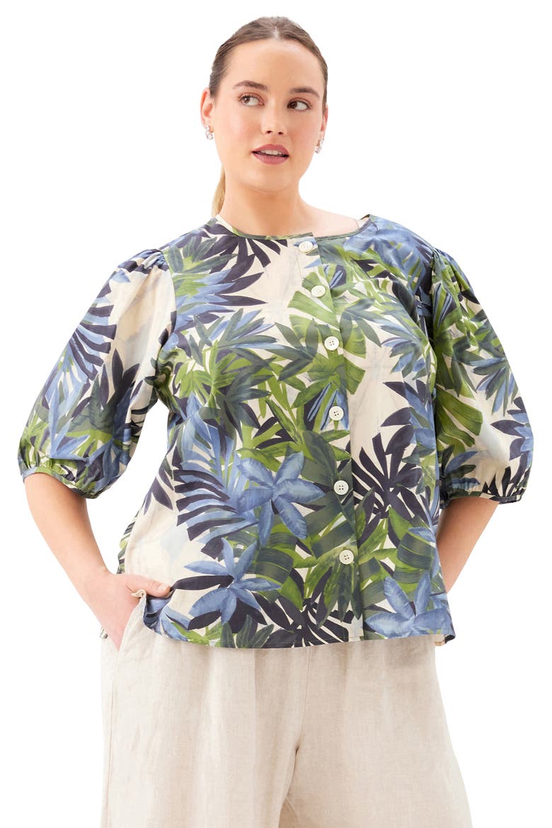 Frond Print Puff Sleeve Button-Up Shirt, Alternate, color, PRINT