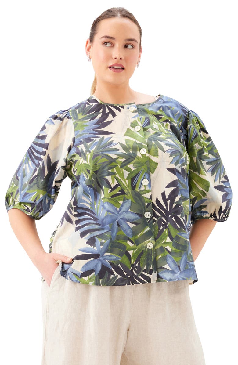 Karen Kane Frond Print Puff Sleeve Button-Up Shirt, Alternate, color, Print
