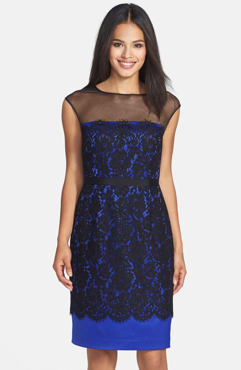 Eliza J Illusion Yoke Lace Overlay Sheath Dress, Main, color, 