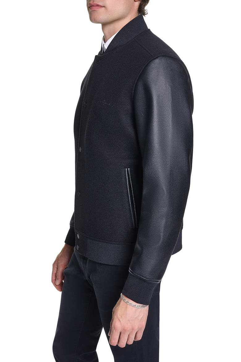 Script Logo Faux Leather Sleeve Bomber Jacket, Alternate, color, BLACK