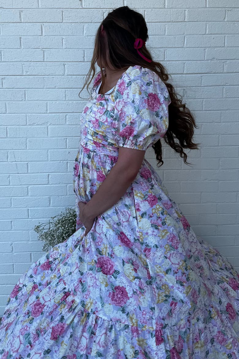 Floral Pleated Puff Sleeve Midi Dress, Alternate, color, Lavender