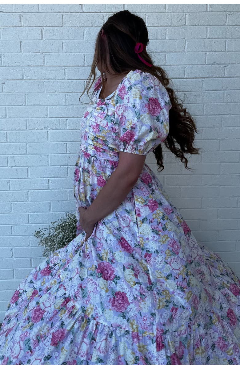 PinkBlush Floral Pleated Puff Sleeve Midi Dress, Alternate, color, Lavender