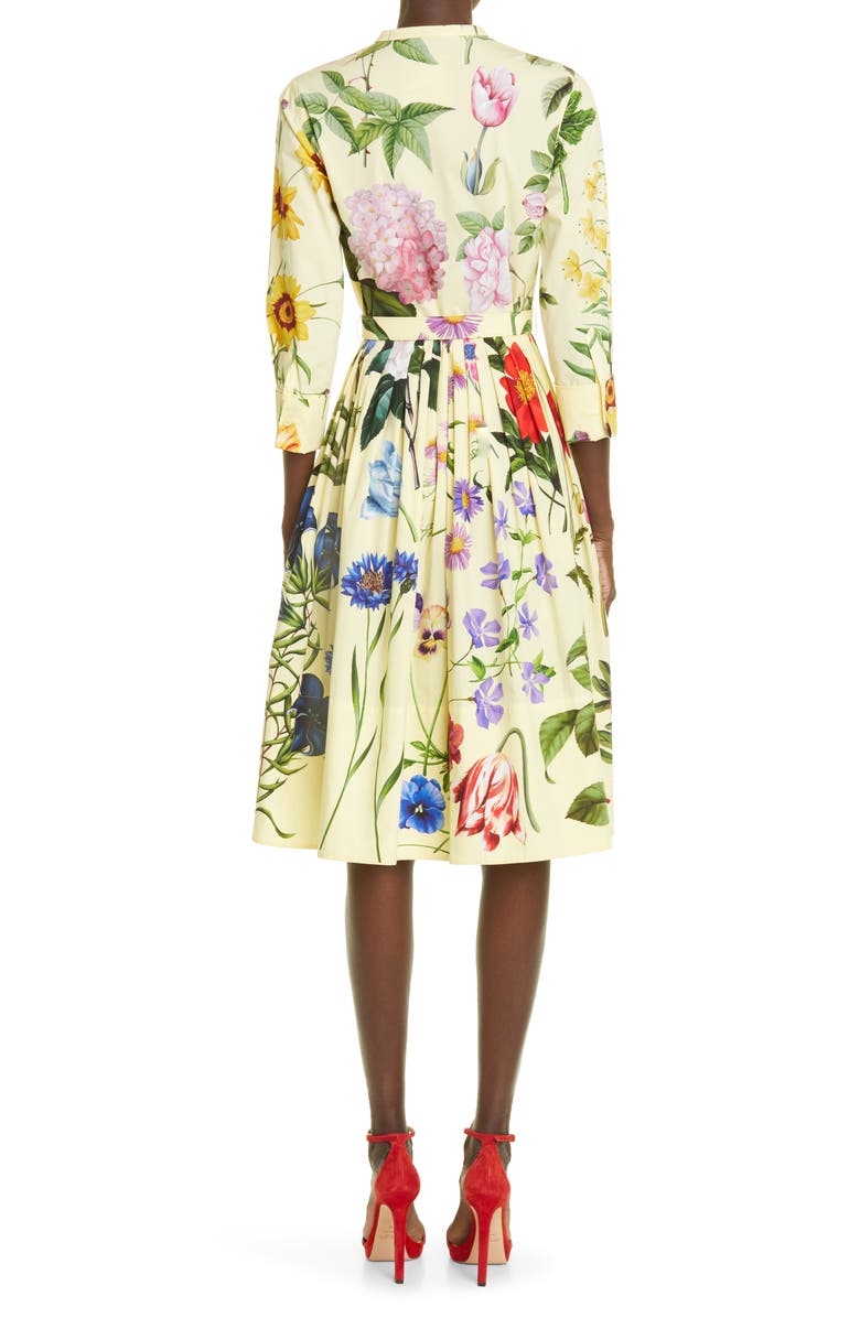 Oscar de la Renta Belted Button Front Three Quarter Sleeve Stretch Cotton Midi Dress, Alternate, color, 