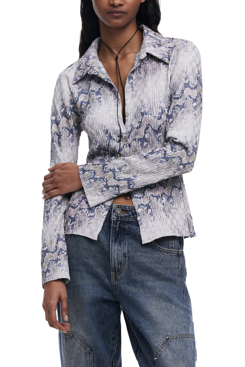 Textured Snakeskin Print Button-Up Shirt, Main, color, BEIGE