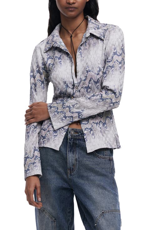 Textured Snakeskin Print Button-Up Shirt