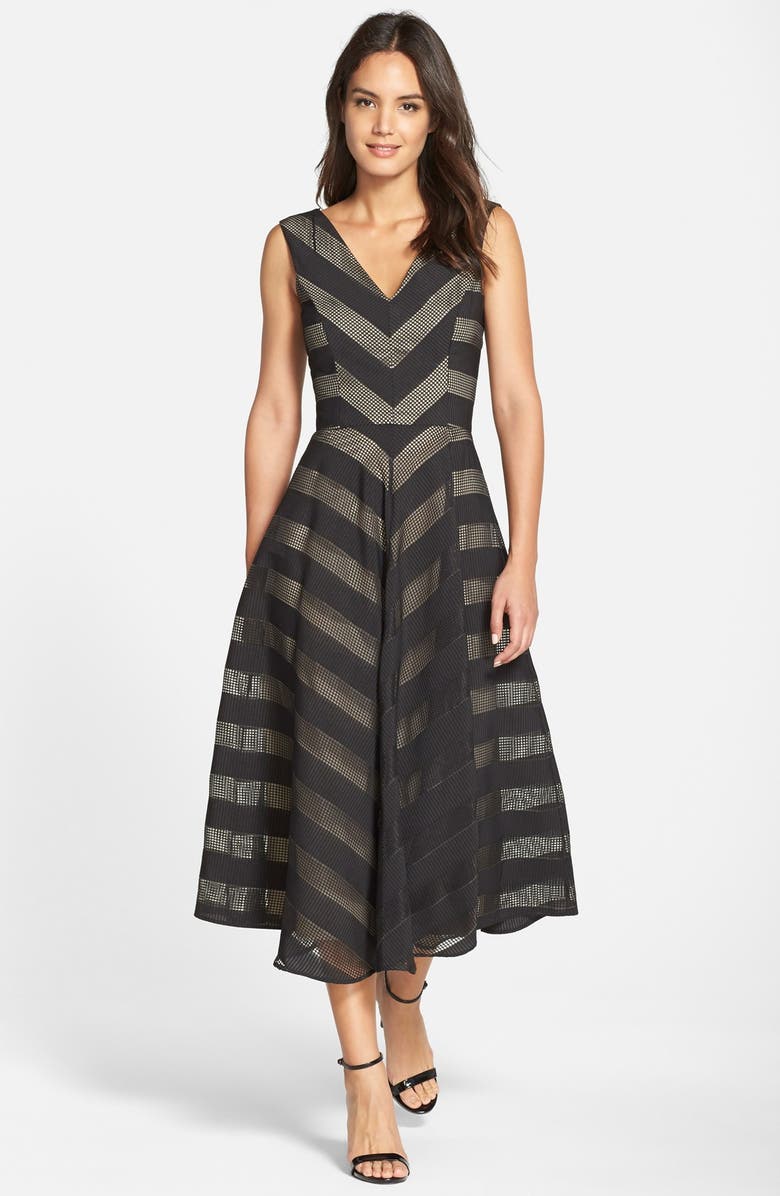 Maggy London Check Stripe V-Neck Fit & Flare Dress, Main, color, 