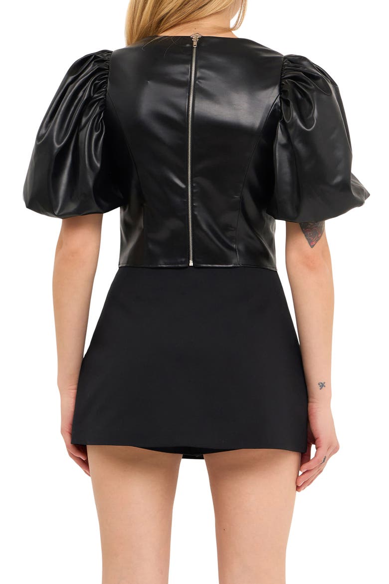 Puff Sleeve Faux Leather Crop Top, Alternate, color, BLACK
