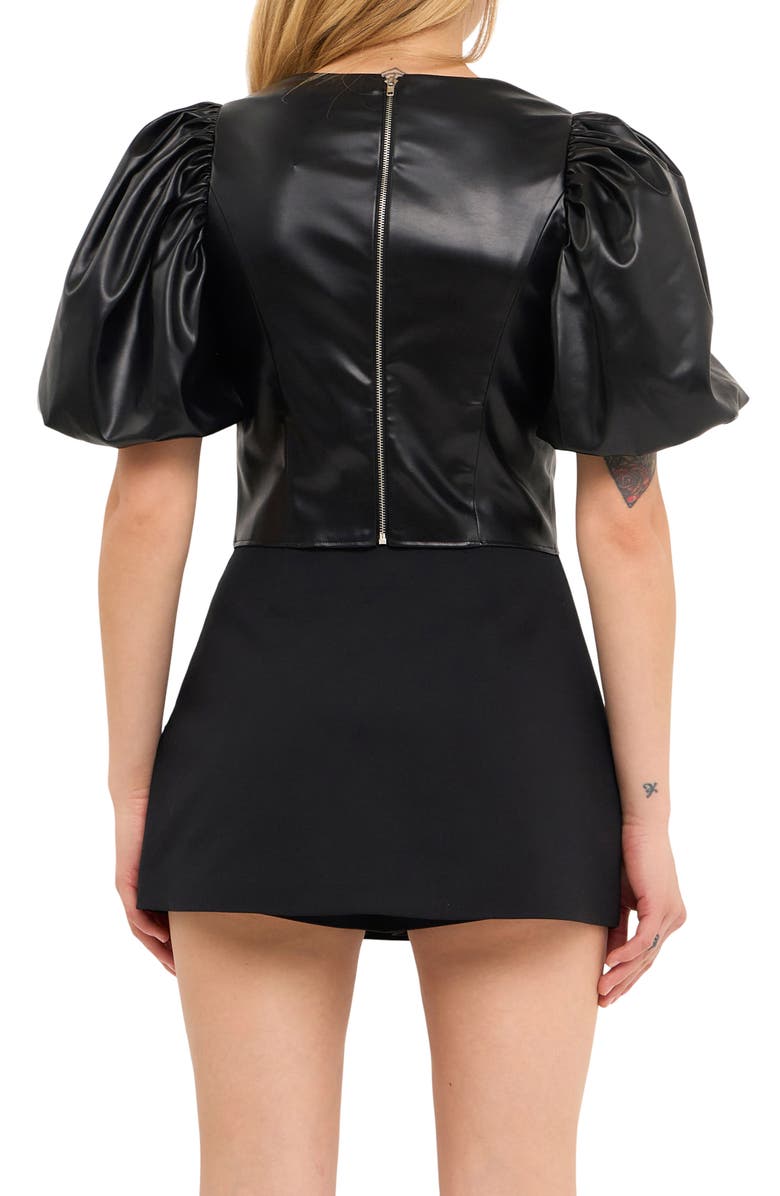 Endless Rose Puff Sleeve Faux Leather Crop Top, Alternate, color, Black