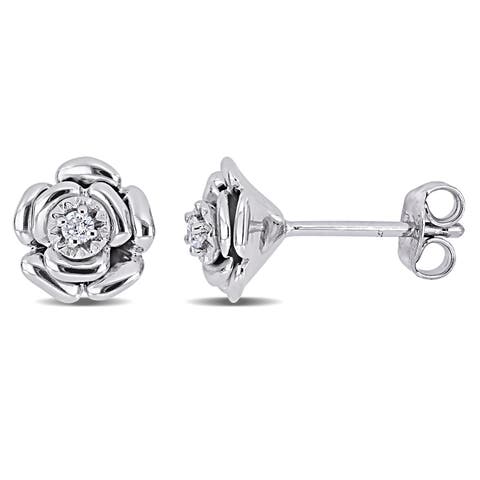 Diamond Floral Stud Earrings Sterling Silver