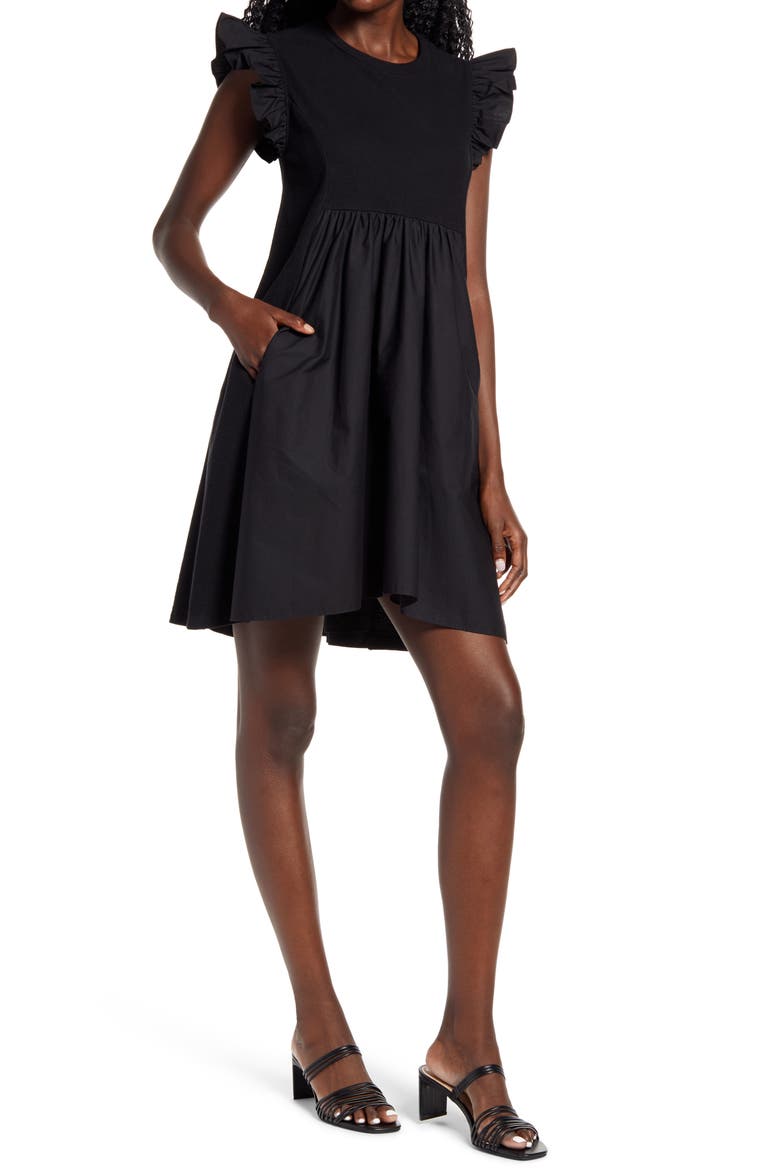 Mixed Media Ruffle Dress, Main, color, BLACK