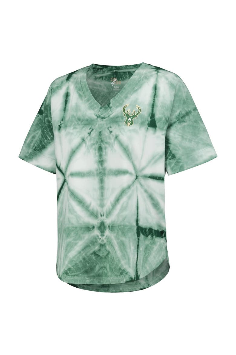 Women's G-III 4Her by Carl Banks Hunter Green Milwaukee Bucks Tournament Raglan Oversized Tie-Dye V-Neck T-Shirt, Alternate, color, Hunter Green
