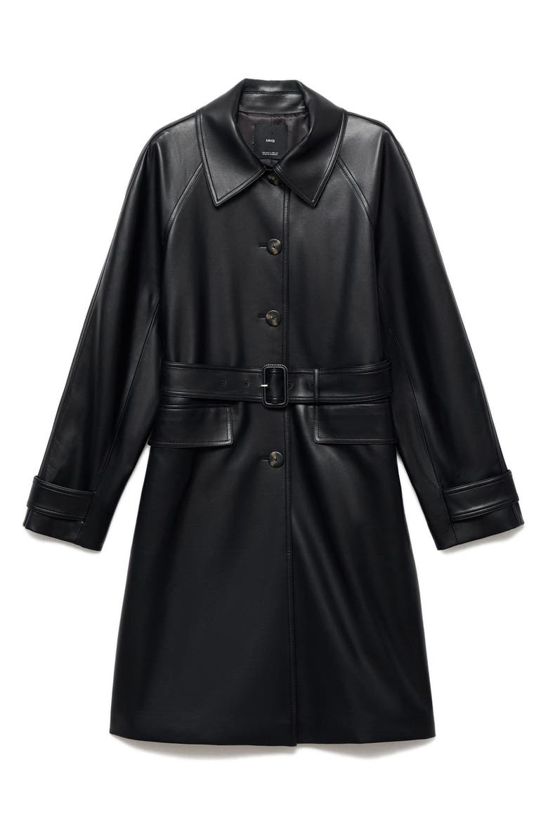 MANGO Longline Faux Leather Coat, Alternate, color, Black