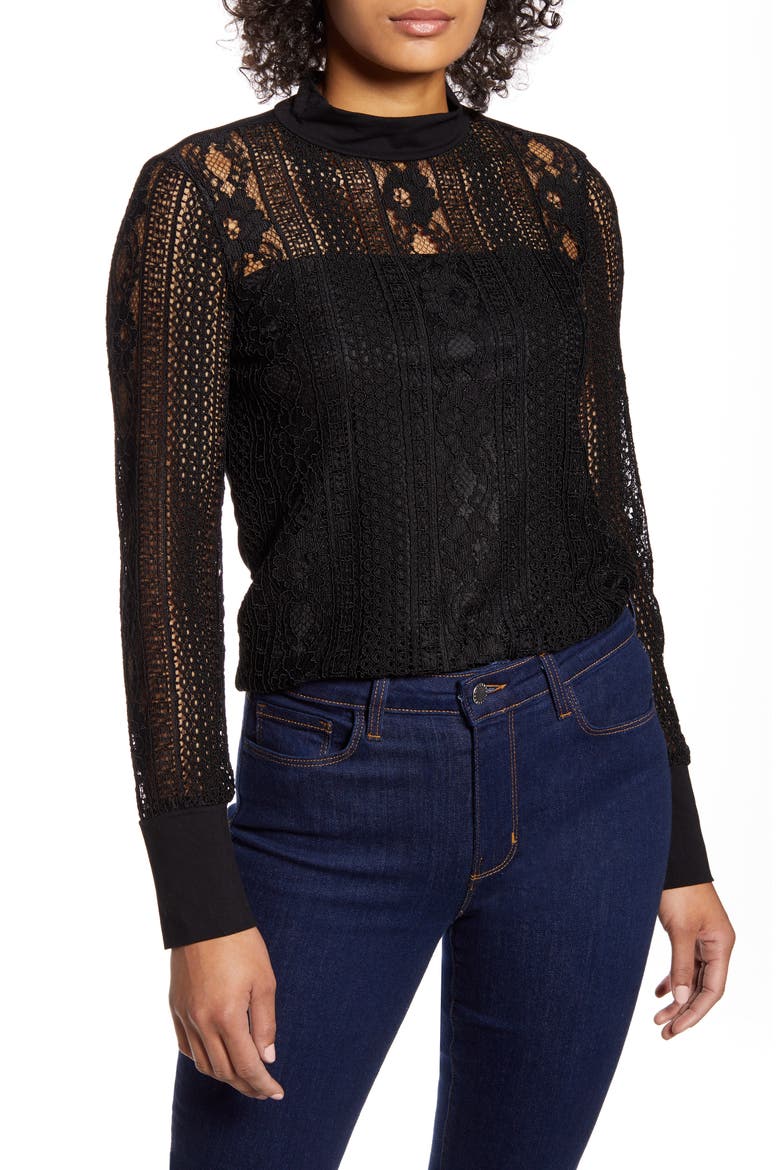 Lace Mock Neck Top, Main, color, BLACK