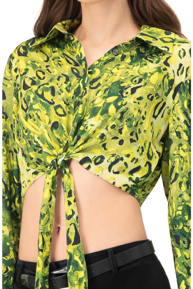 Cropped Animal Print Shirt With Waist tie, Alternate, color, Green