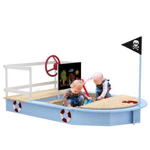 Outsunny Wooden Sandbox Pirate Ship Design for Kids in Blue 
