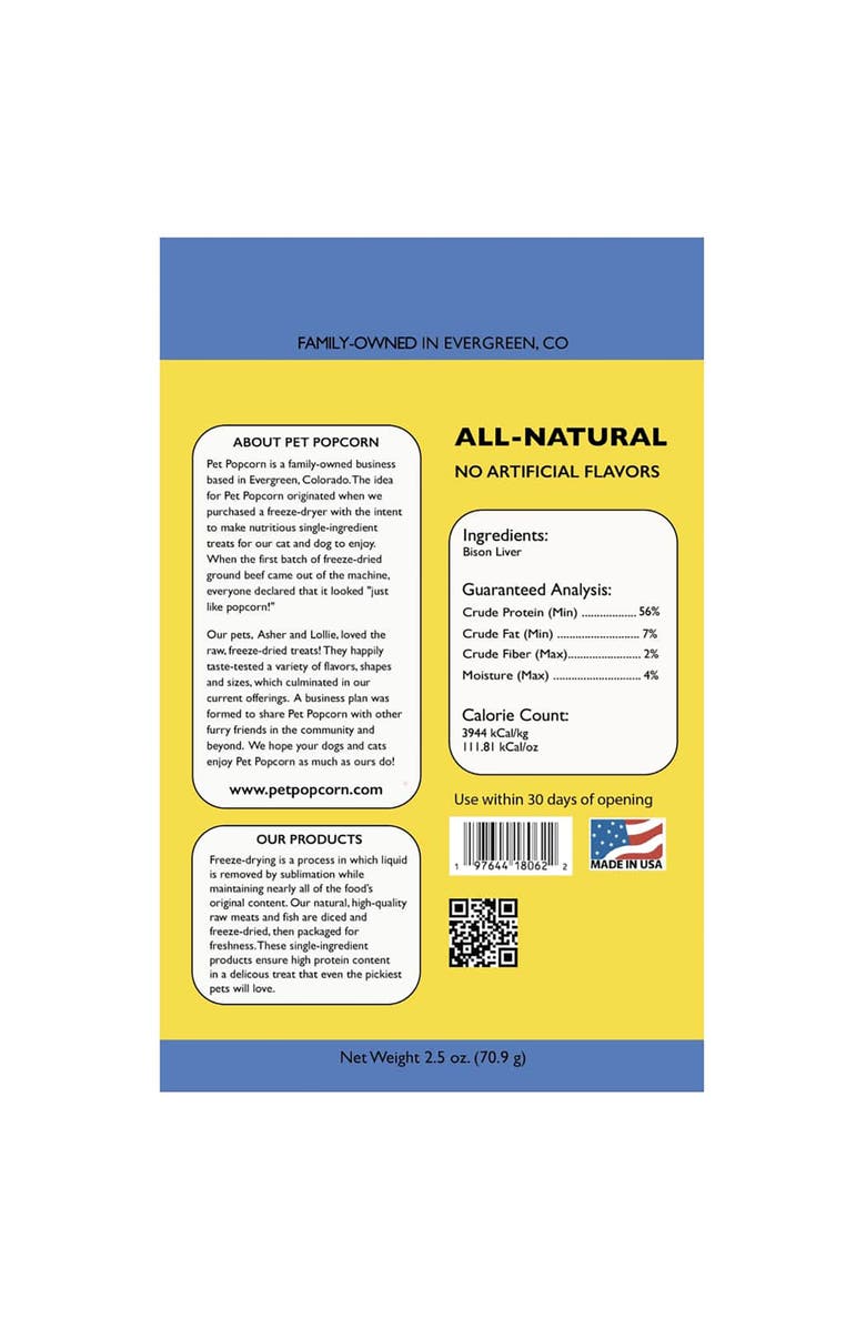 Pet Popcorn Freeze Dried Raw Treats, Bison Liver, 2.5oz Bag, Dog & Cat Snacks, Alternate, color, Multicolored