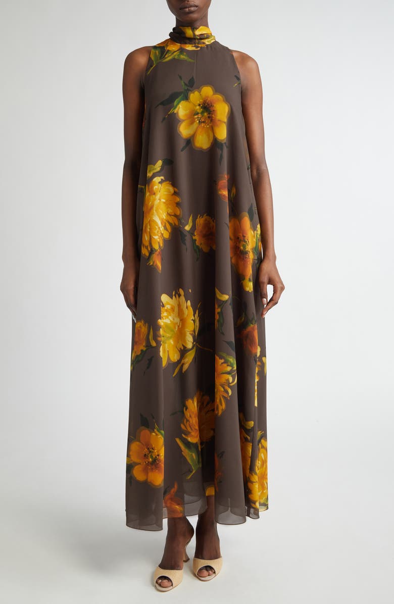 Lela Rose Floral Print Tie Neck Sleeveless Chiffon Maxi Dress, Main, color, Chocolate Multi